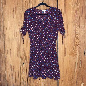 C Brand Womens Dress S Maroon Polka Dots Rouch Tie Short Sleeves Natural Waist